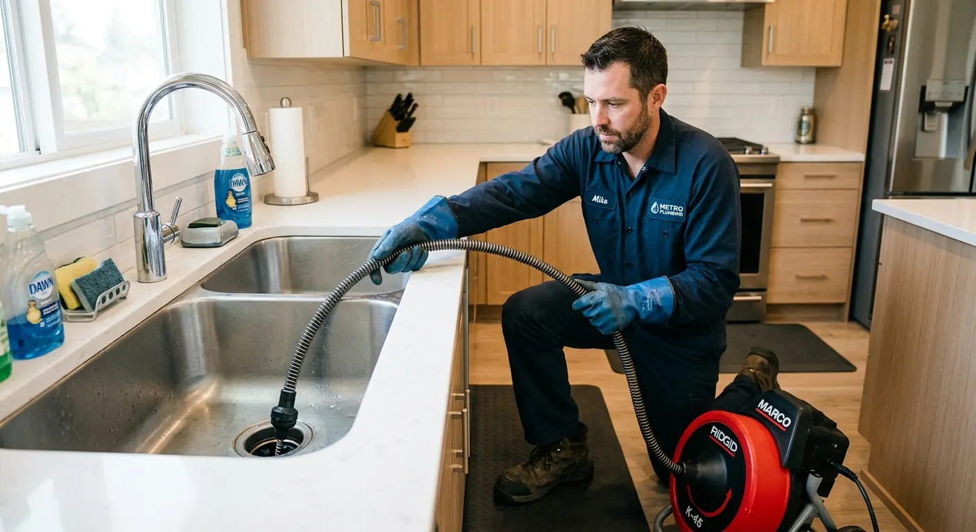 Drain cleaning technician using a motorized snake on a kitchen sink in Mont Belvieu