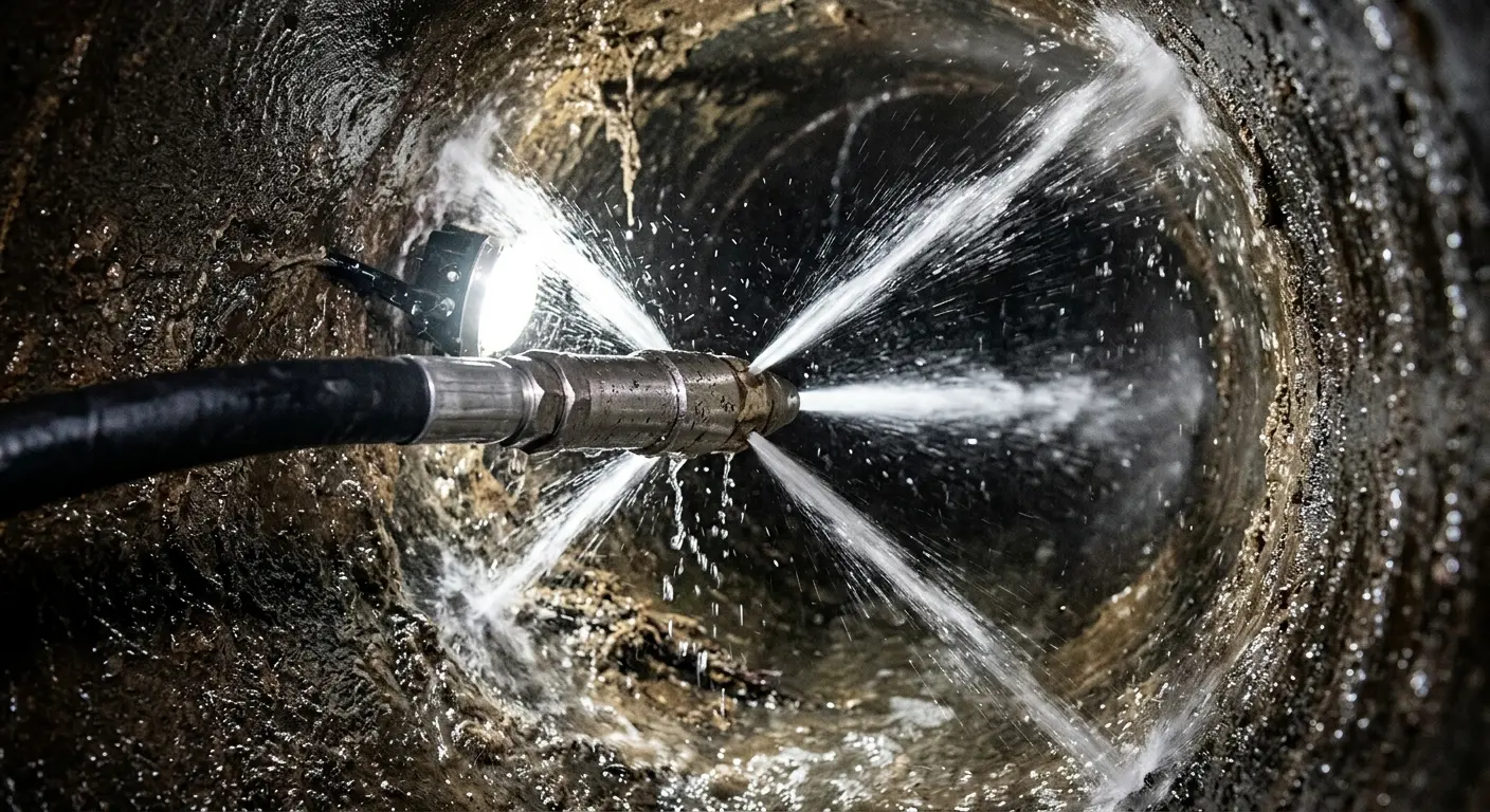 High-pressure hydro jetting nozzle cleaning sewer pipe for Trenchless Sewer Repair in Mont Belvieu