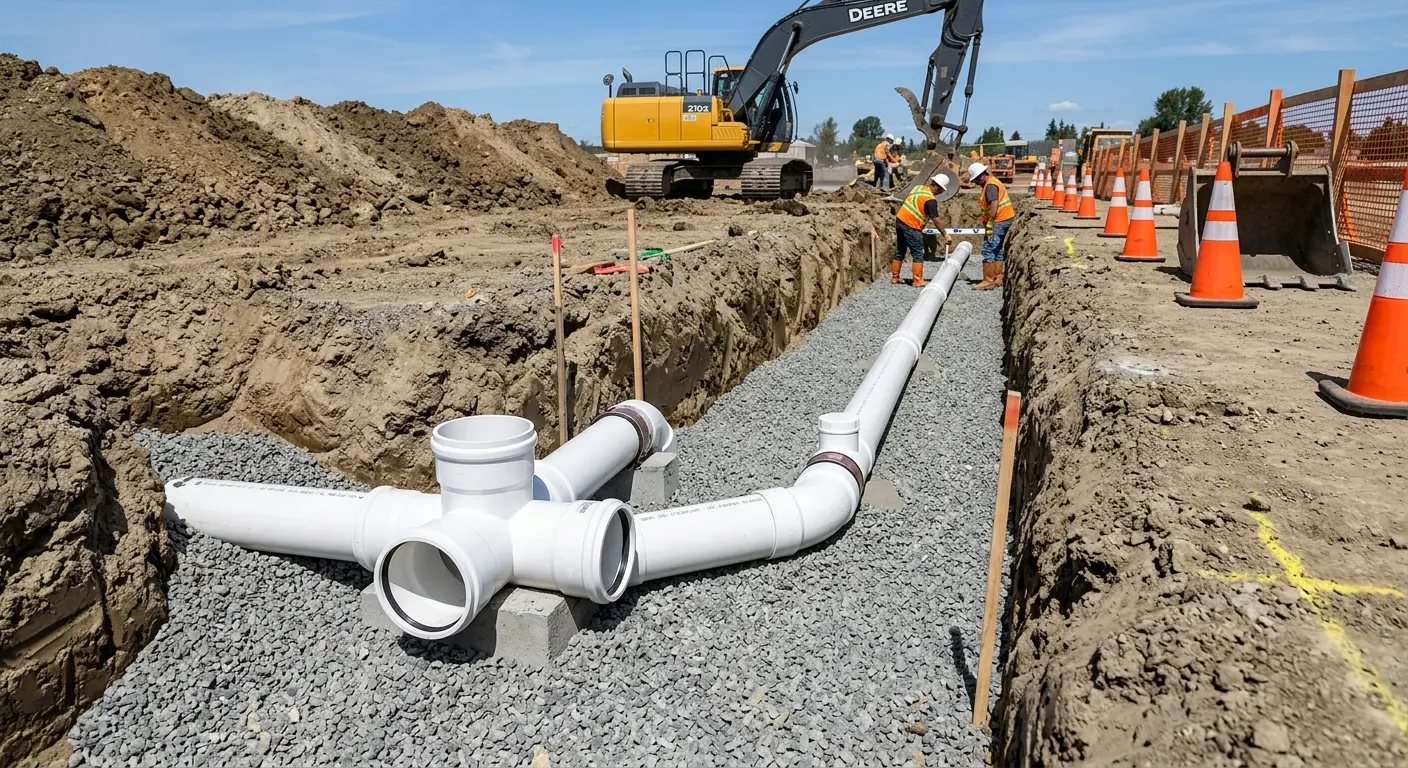 New PVC sewer pipe installation in open trench for Sewer Backup in Mont Belvieu