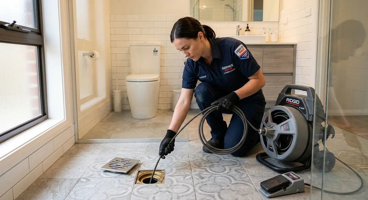 Technician clearing a bathroom floor drain for Drain Cleaning in Mont Belvieu